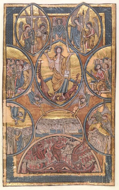 Ms 330 f.3 El Juicio Final con autorretrato del iluminador rescatado por su ángel guardián, de un salterio, c.1240 de William de Brailes  